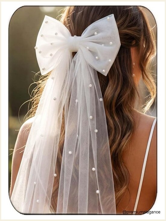 White Tulle Pearl Bow Veil Hair Clip for Bridal Bachelorette Party main image 6